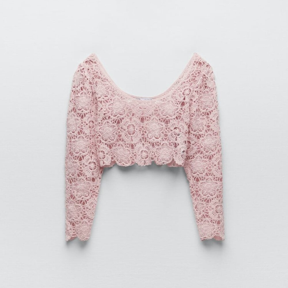 Zara Pink Crocheted Knit Top (Size S)